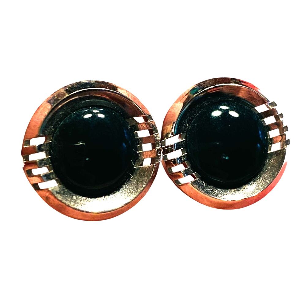 Vintage Mid Century Cufflinks mod silver & dark GREEN stones classic rounds